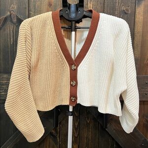 Oversized Cream Brown Color Block Cardigan Sweater M Chunky Knit Academia Preppy